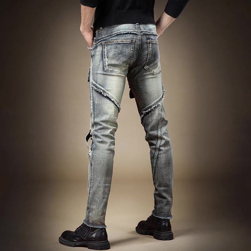 Stretch Jeans Men'S Trendy Slim-Fit Slimming Nostalgic Skinny Pants With Holes Stitching Pleated Mecha Men'S Pants - Image 5